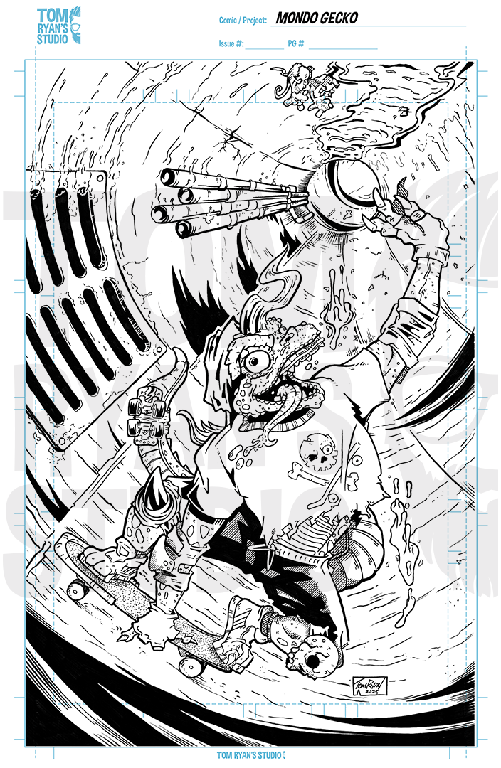 Mondo Gecko, Sewers, TMNT, Teenage Mutant Ninja Turtles, pen and ink, original art, comic art